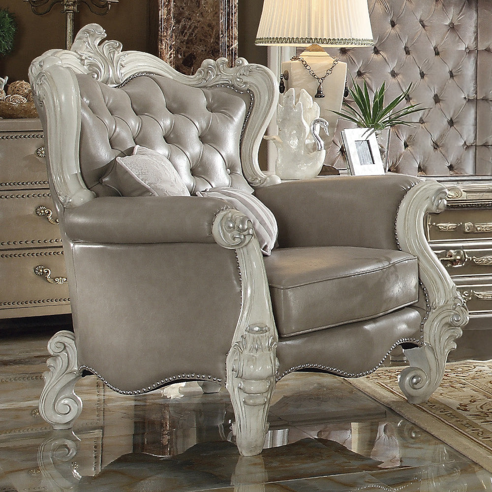 Versailles Chair with 2 Pillows in Vintage Gray Leatherette & Bone White