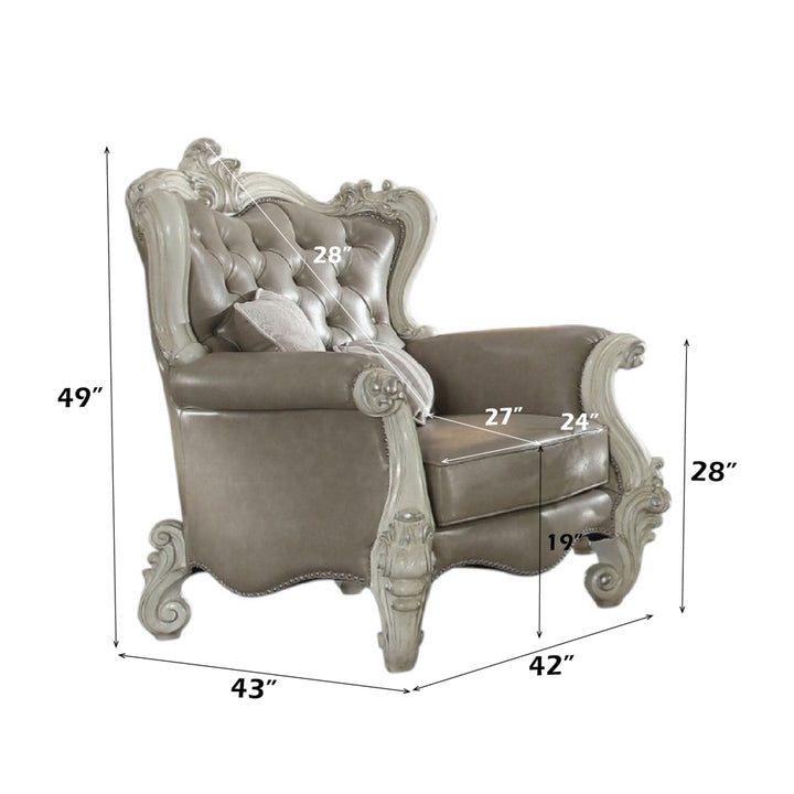 Versailles Chair with 2 Pillows in Vintage Gray Leatherette &amp; Bone White - dimensions