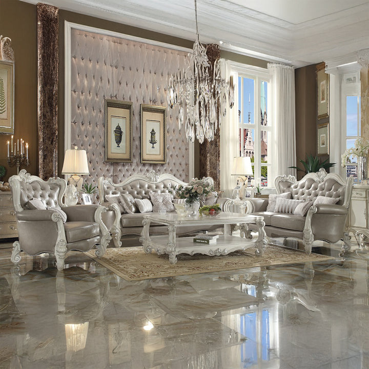 Versailles Chair with 2 Pillows in Vintage Gray Leatherette &amp; Bone White - lifestyle
