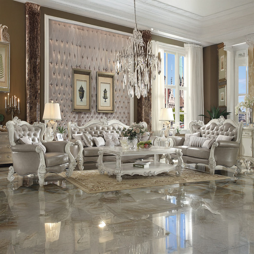 Versailles Chair with 2 Pillows in Vintage Gray Leatherette & Bone White - lifestyle
