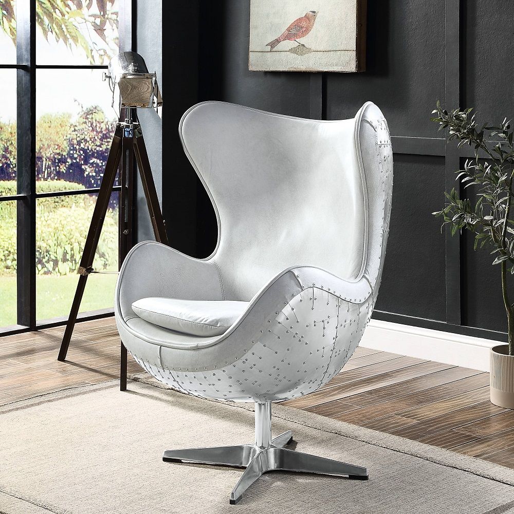 Brancaster - Accent Chair With Swivel - Vintage White Top Grain Leather & Aluminum