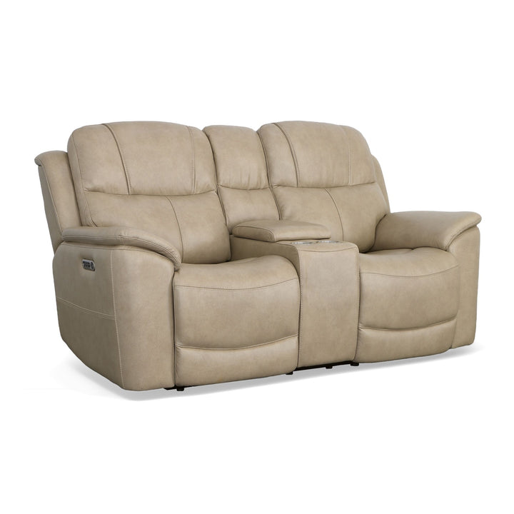 Crew Leather Power Reclining Loveseat with Console, Power Headrests &amp; Lumbar in Pebble