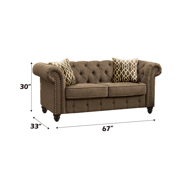 Aurelia Loveseat with 2 Pillows in Brown Linen - dimensions