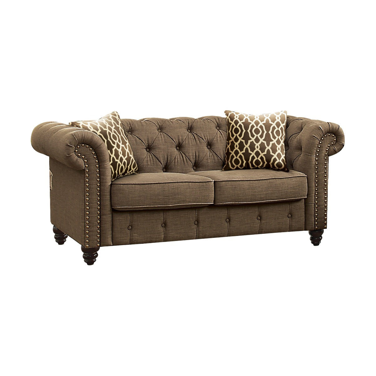 Aurelia Loveseat with 2 Pillows in Brown Linen