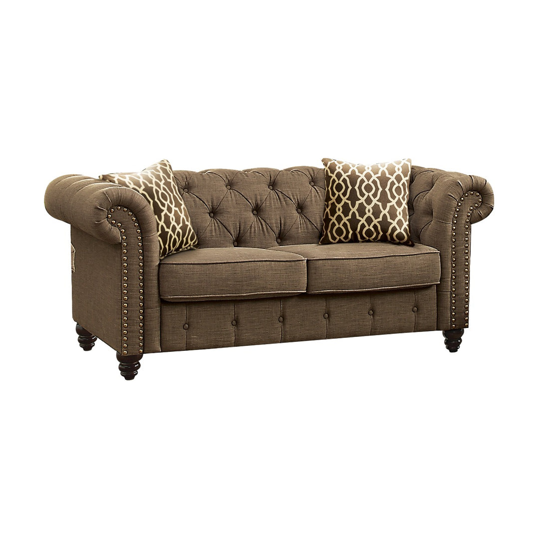 Aurelia Loveseat with 2 Pillows in Brown Linen