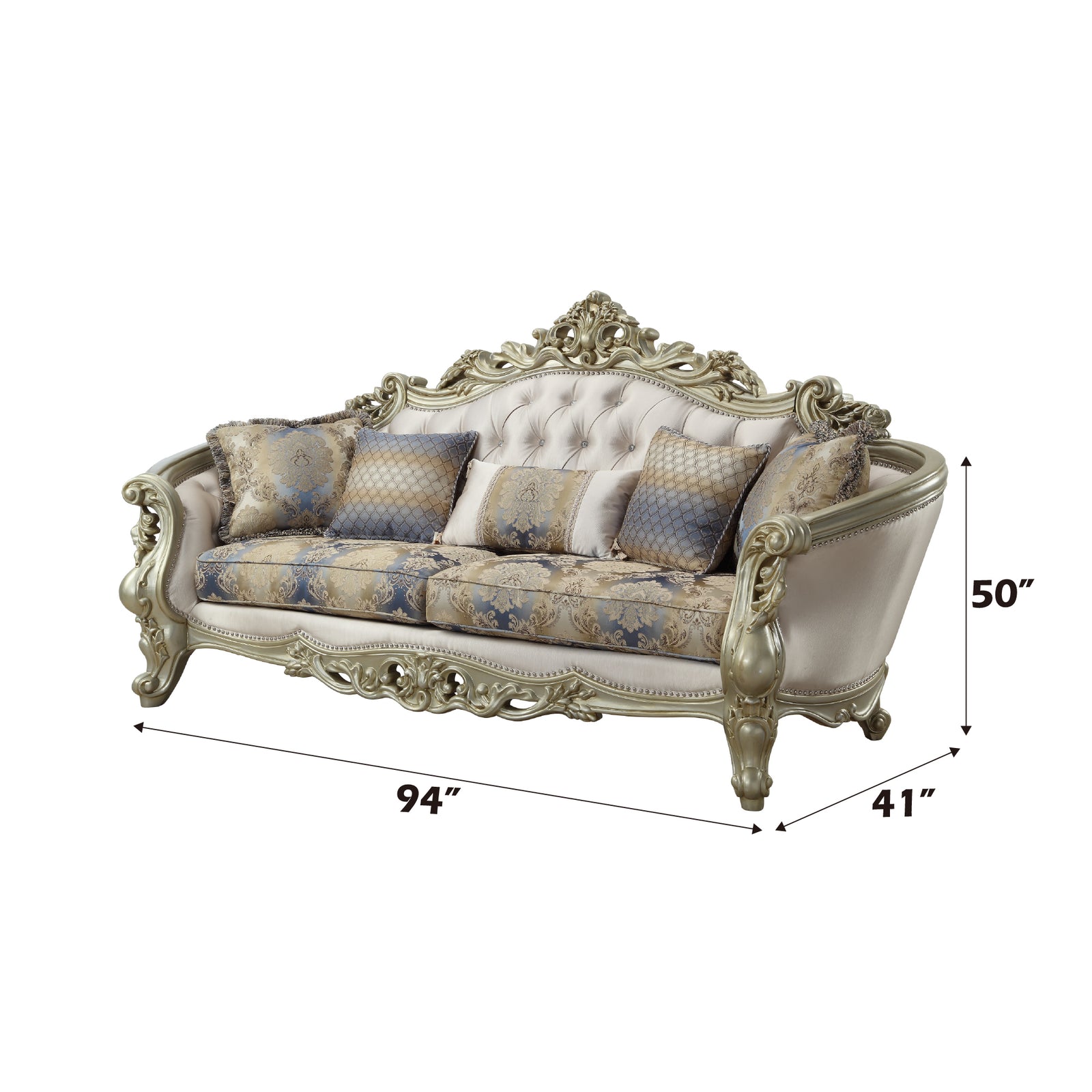 Gorsedd Sofa with 5 Pillows in Fabric & Golden Ivory - dimensions
