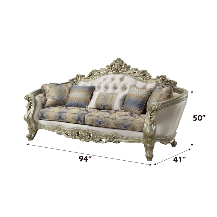 Gorsedd Sofa with 5 Pillows in Fabric &amp; Golden Ivory - dimensions