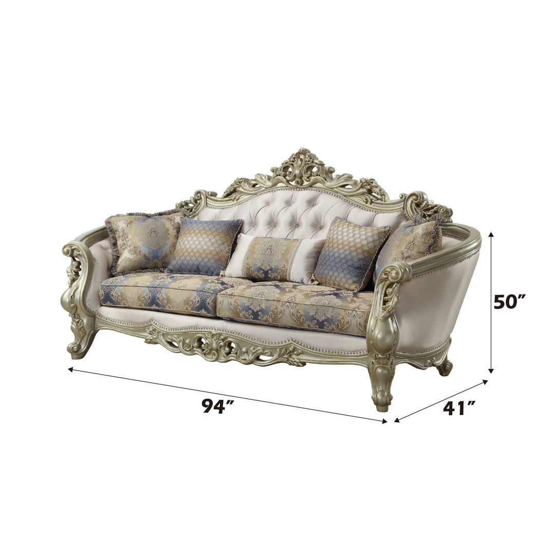 Gorsedd Sofa with 5 Pillows in Fabric & Golden Ivory - dimensions