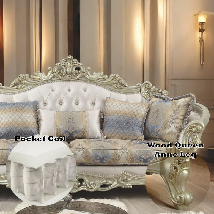 Gorsedd Sofa with 5 Pillows in Fabric &amp; Golden Ivory - features
