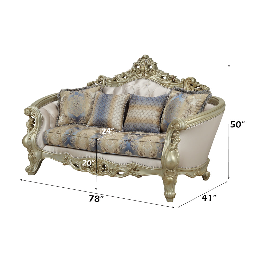 Gorsedd Loveseat with 4 Pillows in Fabric & Golden Ivory - dimensions