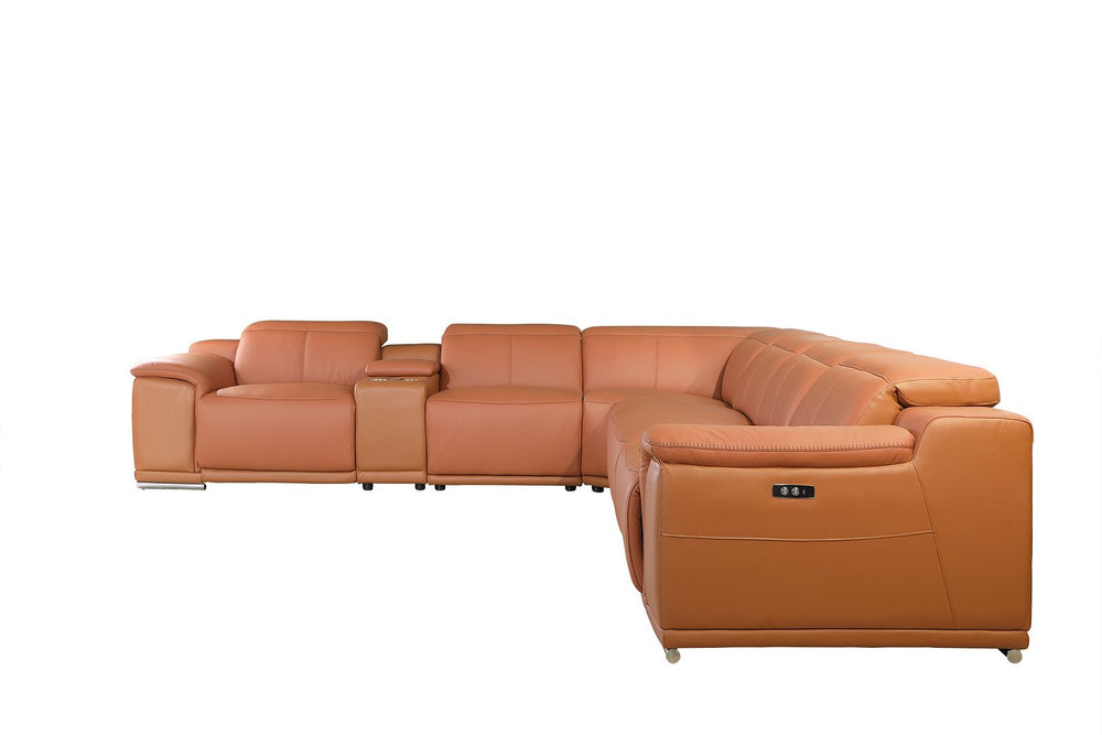 DivanItalia 9762 8-Piece L Shaped Top Grain Italian Leather Sectional Sofa with 4 Power Recliners - Camel