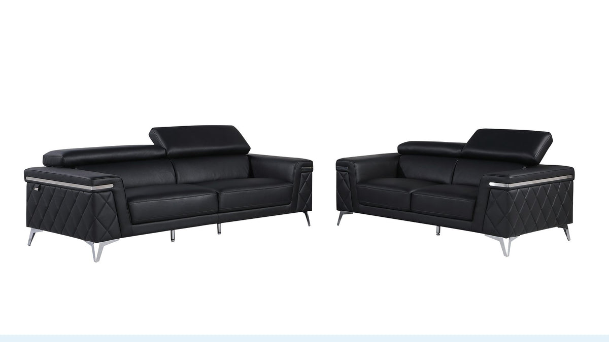 DivanItalia 1140 2-Piece Sofa Set with Adjustable Headrest in Top-Grain Italian Leather - Black