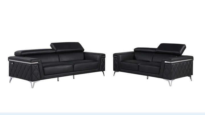 DivanItalia 1140 2-Piece Sofa Set with Adjustable Headrest in Top-Grain Italian Leather - Black