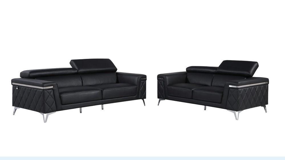DivanItalia 1140 2-Piece Sofa Set with Adjustable Headrest in Top-Grain Italian Leather - Black