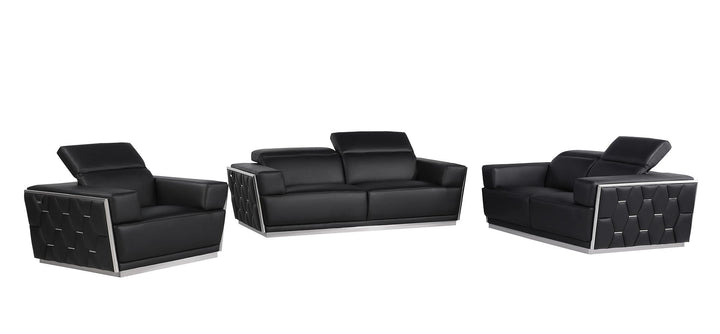 DivanItalia 1111 3-Piece Sofa Set with Adjustable Headrest in Top-Grain Italian Leather - Black
