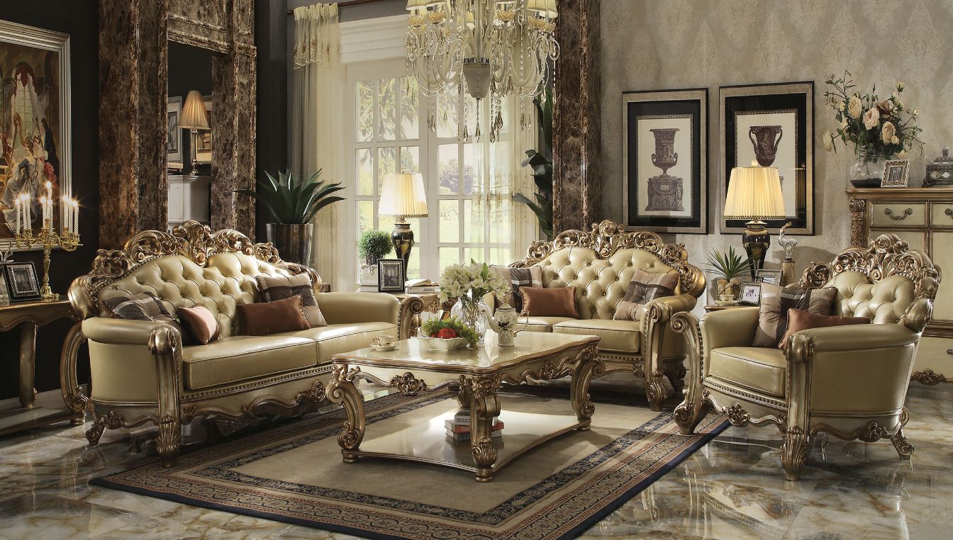 Vendome Sofa with 4 Pillows in Bone Leatherette & Gold Patina