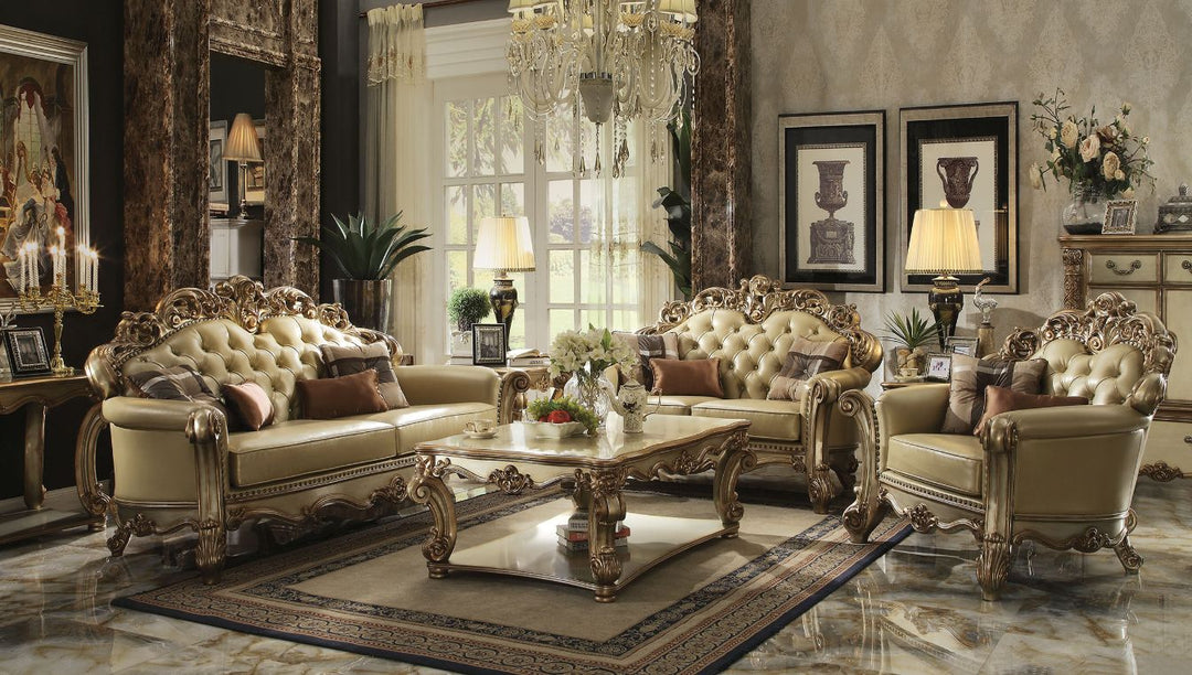 Vendome Sofa with 4 Pillows in Bone Leatherette & Gold Patina
