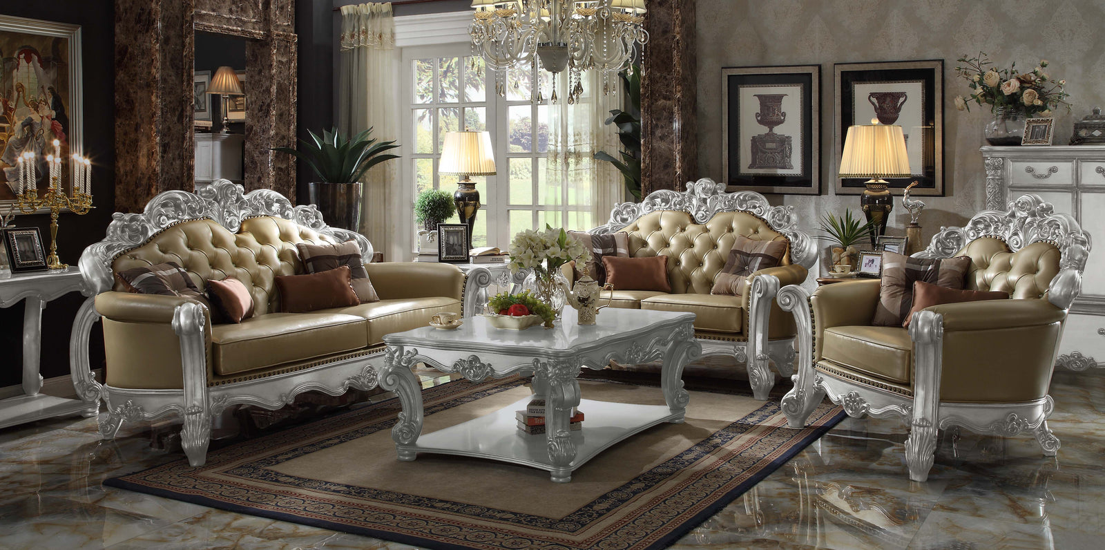 Vendome Chair with 2 Pillows in Bone Leatherette & Gold Patina - lifestyle