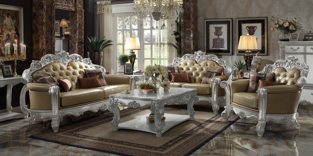 Vendome Chair with 2 Pillows in Bone Leatherette & Gold Patina - lifestyle