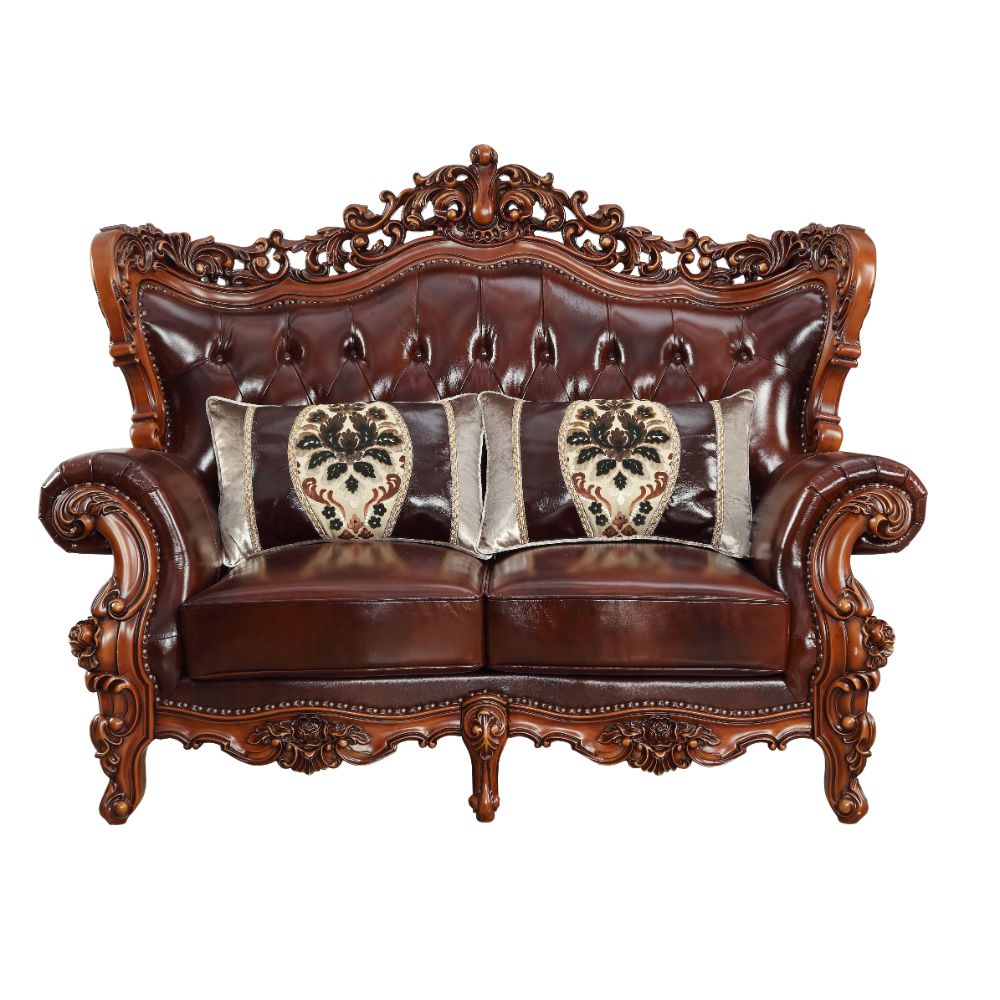 Eustoma Loveseat in Cherry Top Grain Leather Match & Walnut