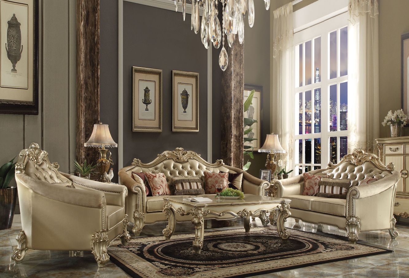 Vendome II Sofa with 5 Pillows in Bone Leatherette & Gold Patina