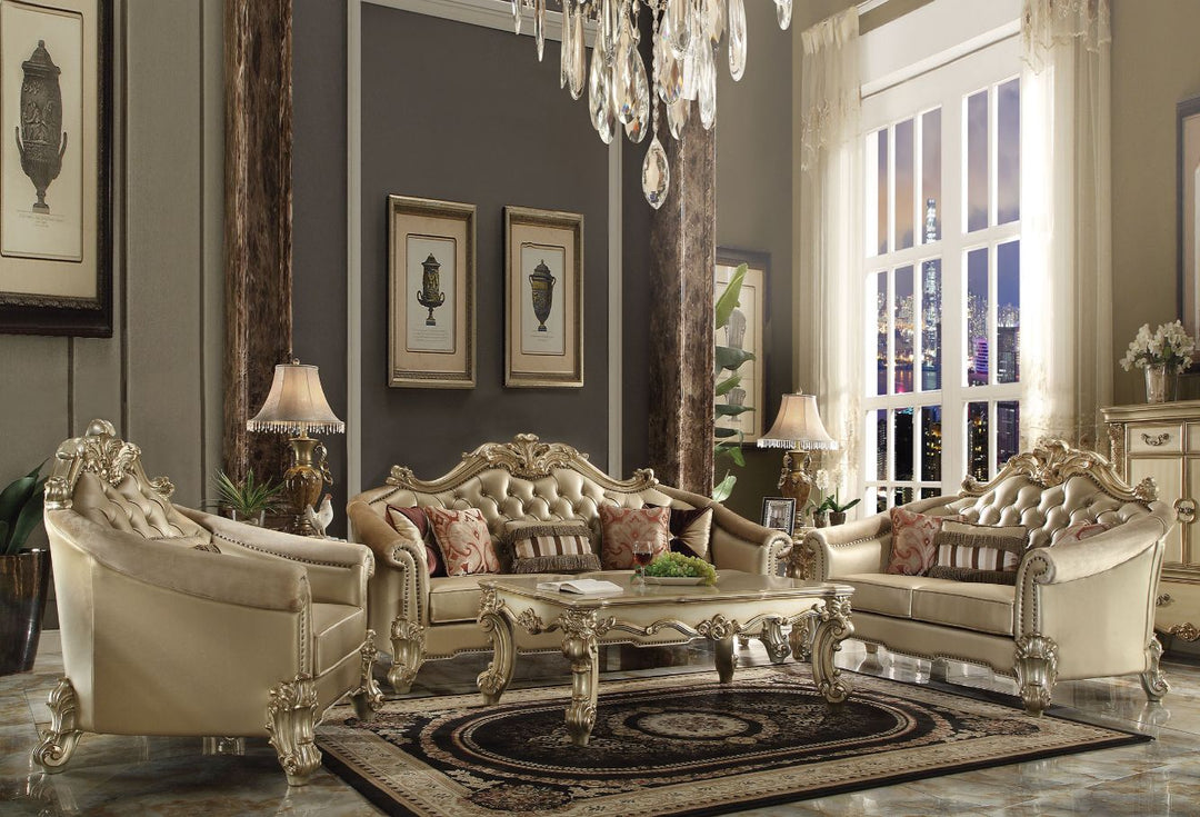 Vendome II Sofa with 5 Pillows in Bone Leatherette & Gold Patina