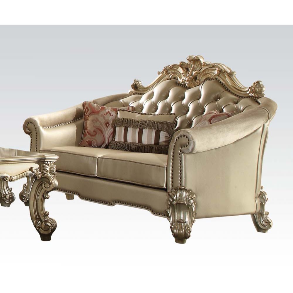 Vendome II Loveseat with 3 Pillows in Bone Leatherette & Gold Patina