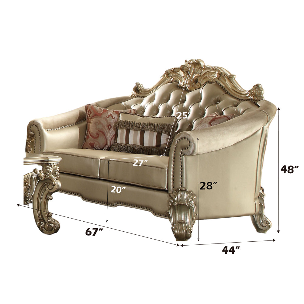 Vendome II Loveseat with 3 Pillows in Bone Leatherette & Gold Patina - dimensions