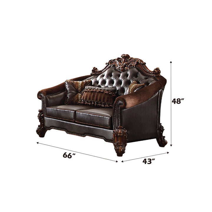 Vendome II Loveseat with 3 Pillows in Two Tone Dark Brown Leatherette &amp; Cherry - dimensions