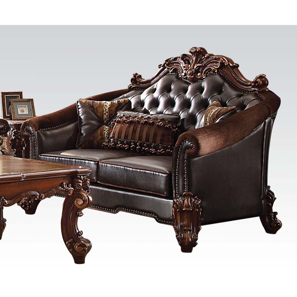 Vendome II Loveseat with 3 Pillows in Two Tone Dark Brown Leatherette & Cherry