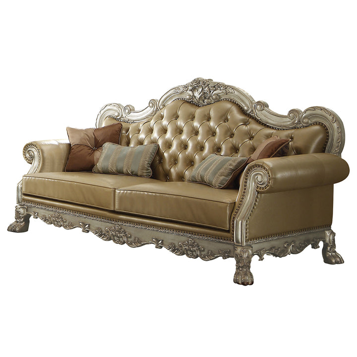 Dresden Sofa with 4 Pillows in Bone Leatherette &amp; Gold Patina