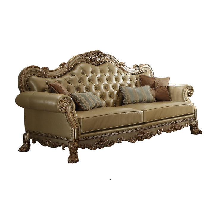 Dresden Sofa with 4 Pillows in Bone Leatherette &amp; Gold Patina