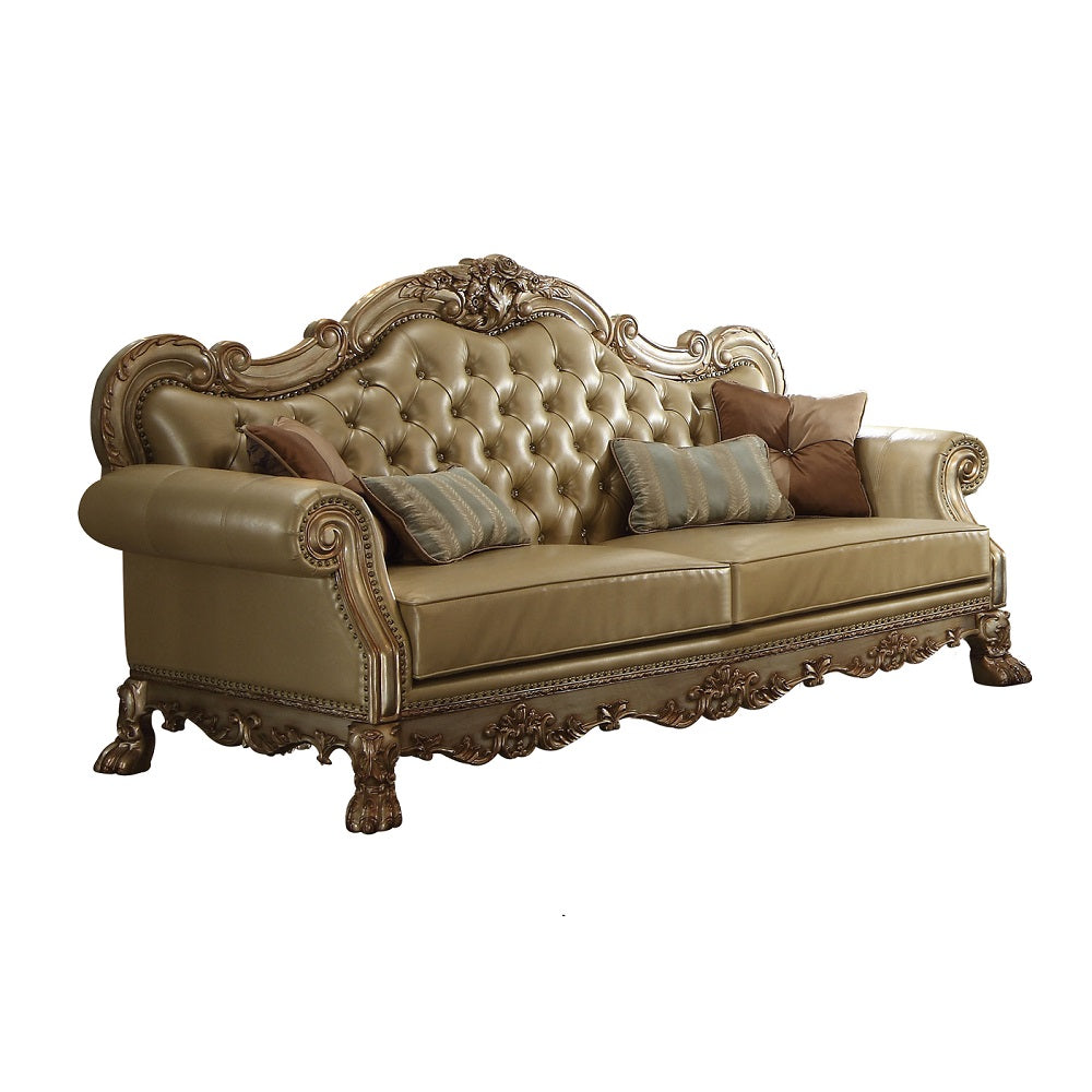 Dresden Sofa with 4 Pillows in Bone Leatherette & Gold Patina