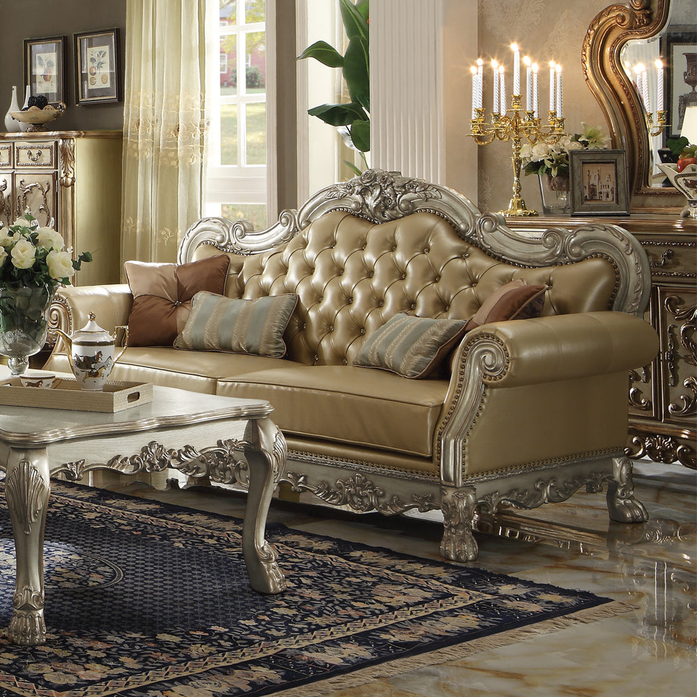 Dresden Sofa with 4 Pillows in Bone Leatherette & Gold Patina