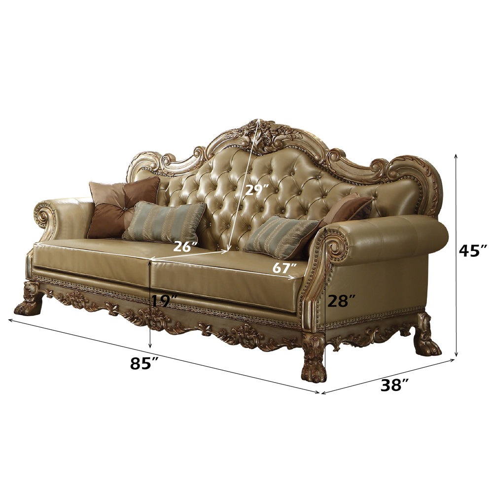 Dresden Sofa with 4 Pillows in Bone Leatherette & Gold Patina - dimensions