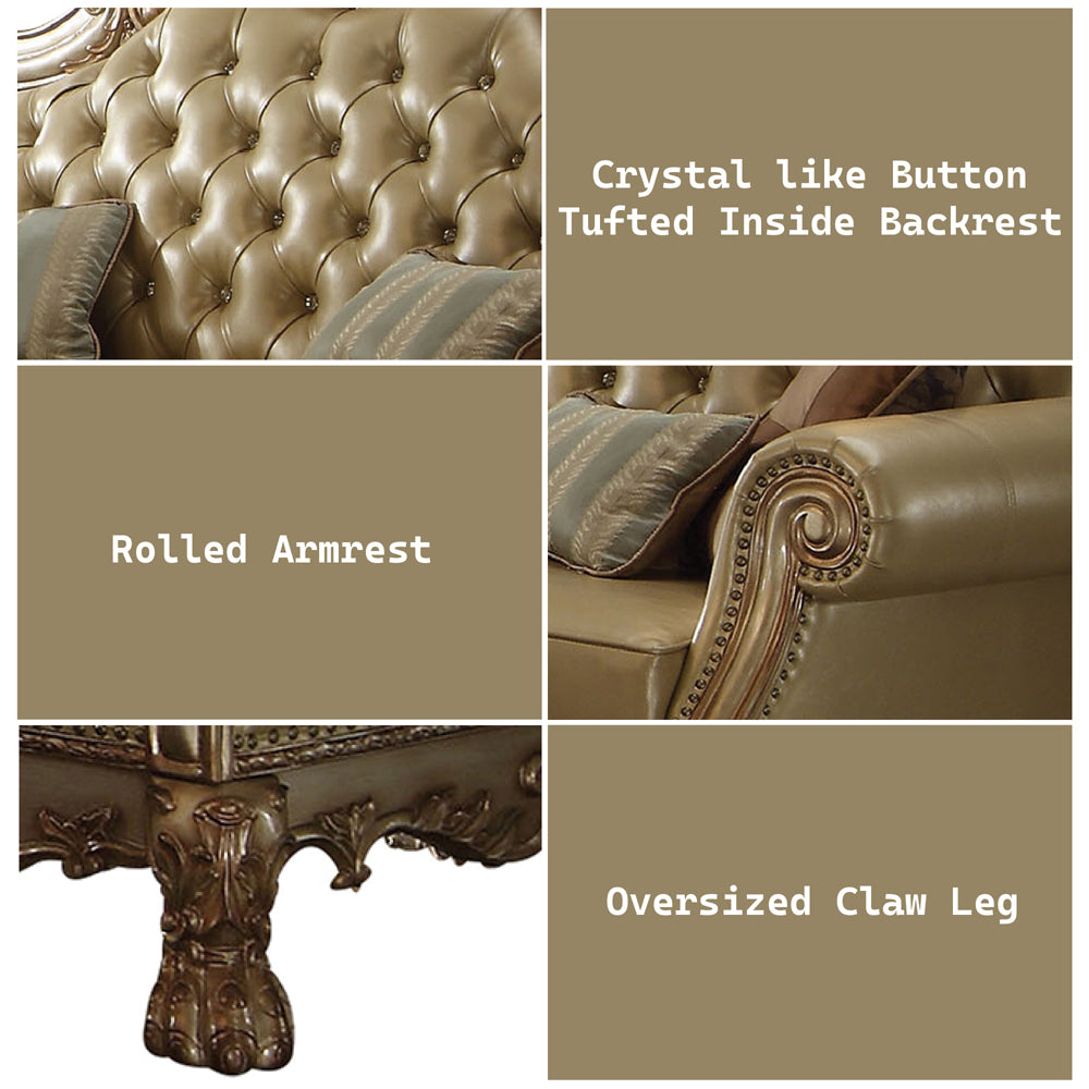 Dresden Sofa with 4 Pillows in Bone Leatherette & Gold Patina - features