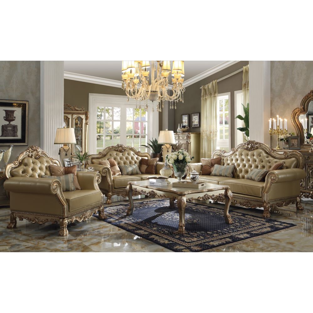 Dresden Sofa with 4 Pillows in Bone Leatherette & Gold Patina - lifestyle
