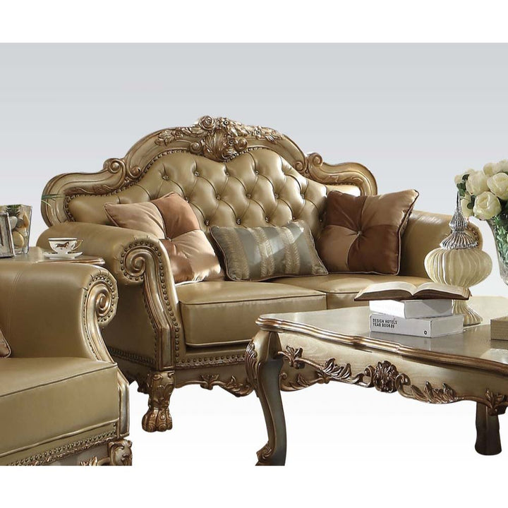 Dresden Loveseat with 3 Pillows in Bone Leatherette &amp; Gold Patina
