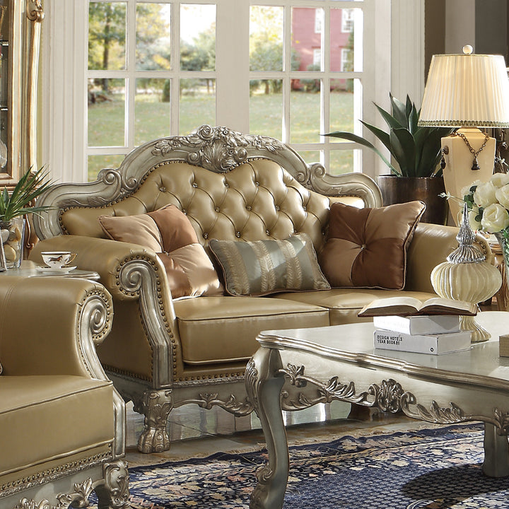 Dresden Loveseat with 3 Pillows in Bone Leatherette &amp; Gold Patina