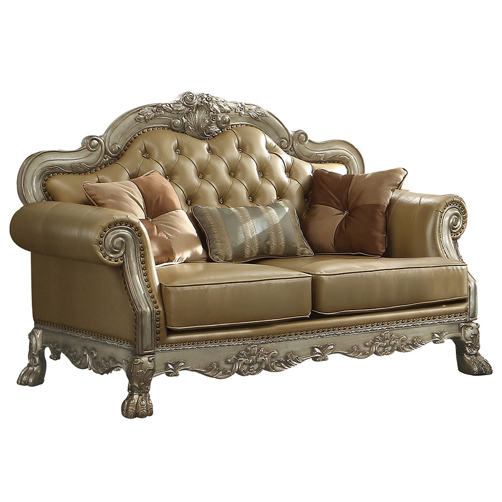 Dresden Loveseat with 3 Pillows in Bone Leatherette & Gold Patina