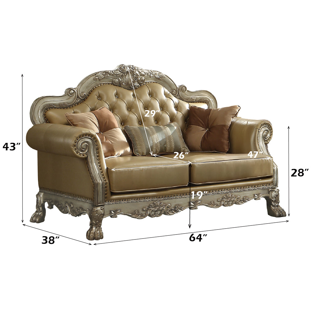 Dresden Loveseat with 3 Pillows in Bone Leatherette & Gold Patina - dimensions