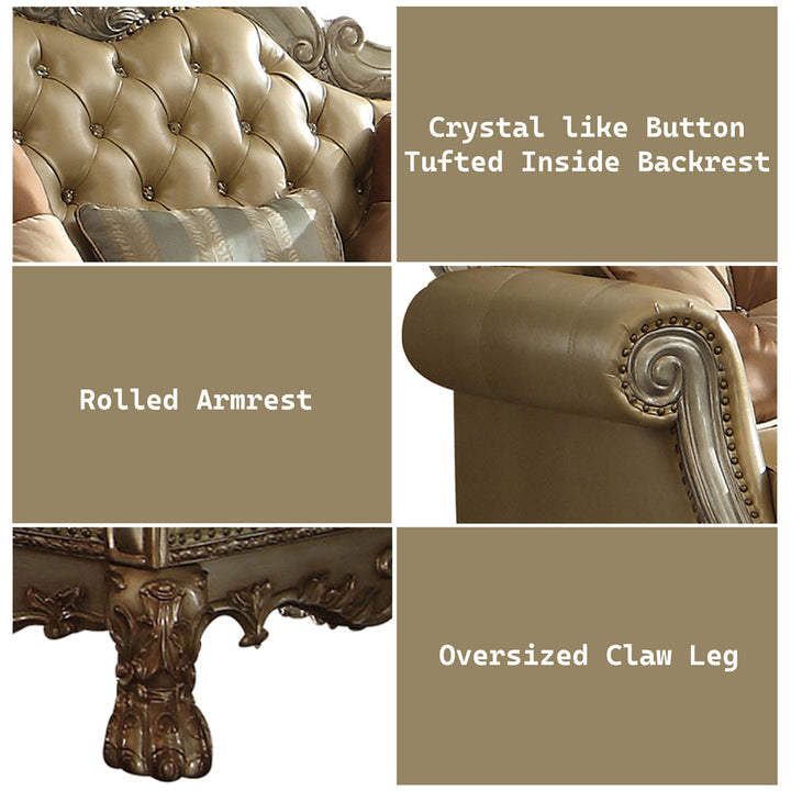 Dresden Loveseat with 3 Pillows in Bone Leatherette &amp; Gold Patina - features