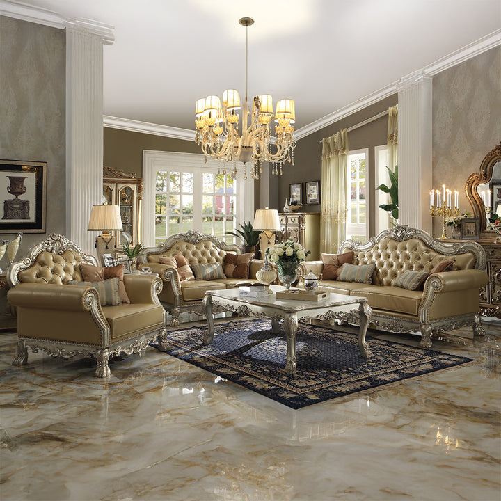 Dresden Loveseat with 3 Pillows in Bone Leatherette &amp; Gold Patina - lifestyle