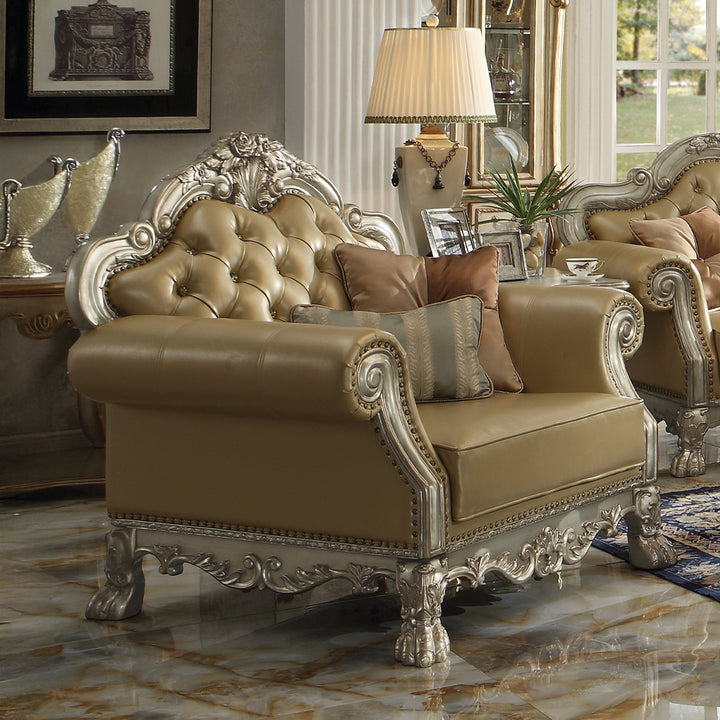 Dresden Chair with 2 Pillows in Bone Leatherette &amp; Gold Patina