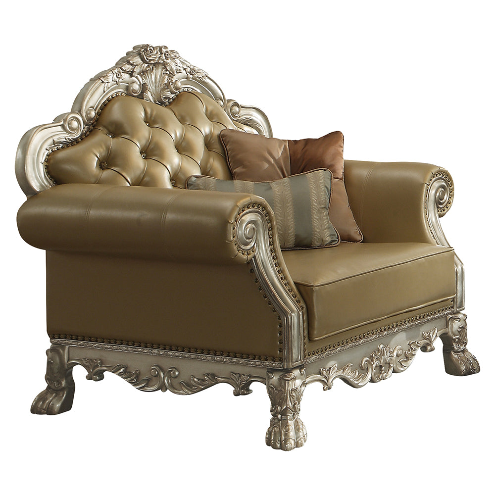 Dresden Chair with 2 Pillows in Bone Leatherette & Gold Patina