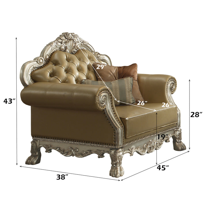 Dresden Chair with 2 Pillows in Bone Leatherette &amp; Gold Patina - dimensions