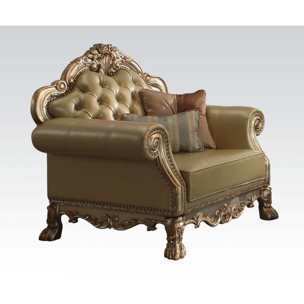 Dresden Chair with 2 Pillows in Bone Leatherette & Gold Patina