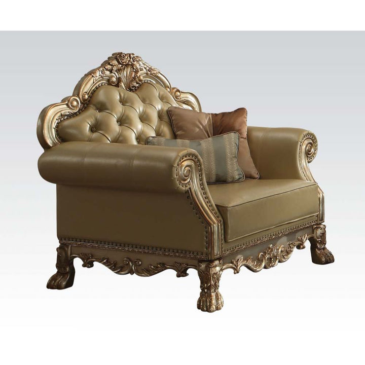 Dresden Chair with 2 Pillows in Bone Leatherette &amp; Gold Patina