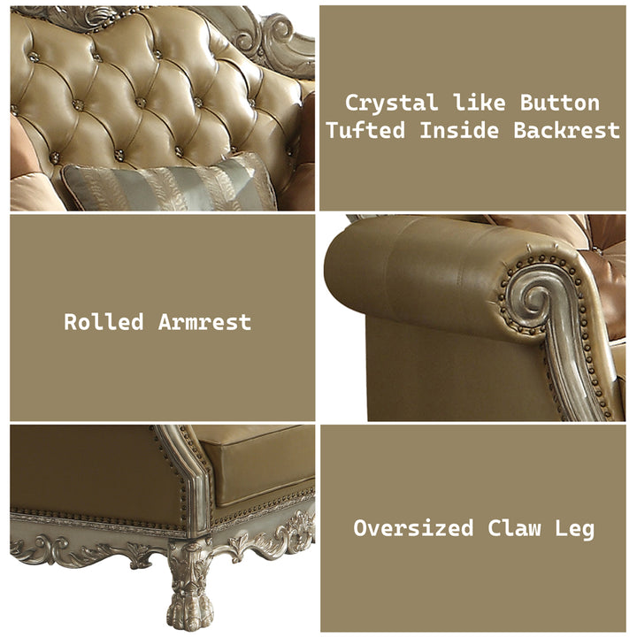 Dresden Chair with 2 Pillows in Bone Leatherette &amp; Gold Patina - features