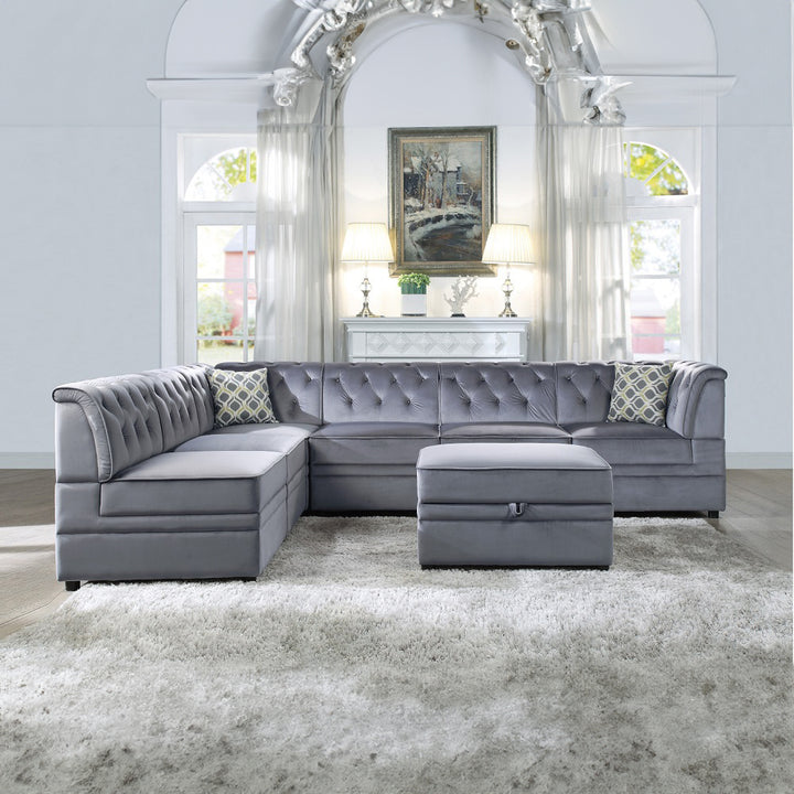 Bois II Ottoman with Storage in Gray Velvet - lifestyle